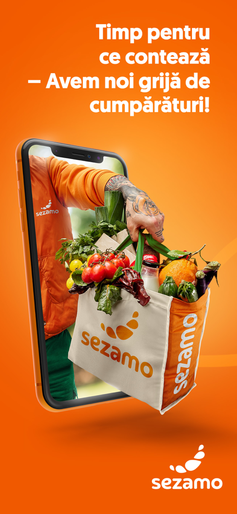 Sezamo - A hand delivering a reusable bag of fresh groceries directly from a smartphone screen with the Sezamo app.