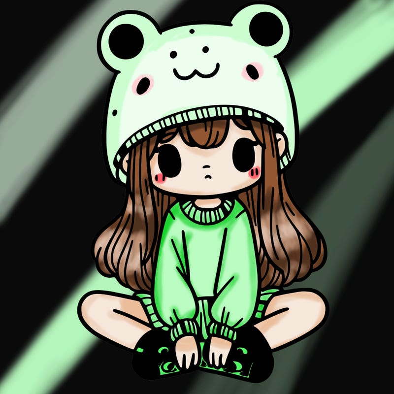 a girl wearing a frog hat and some frog socks