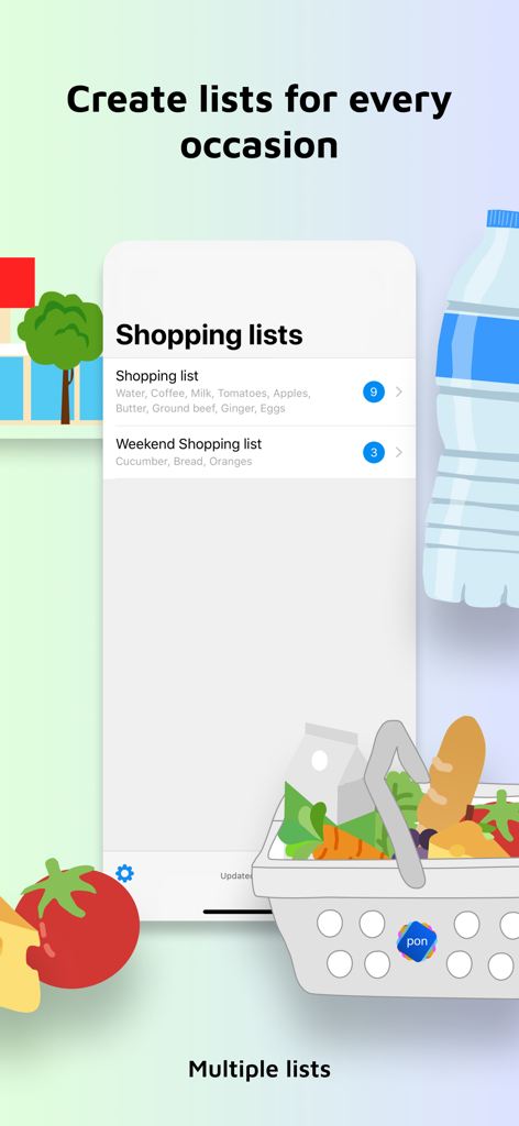 Screenshot of the pon app showing multiple organized shopping lists and grocery illustrations