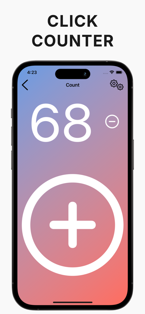 Interface d'une application de compteur numérique avec un grand affichage de nombre et un bouton plus proéminent sur un fond dégradé.