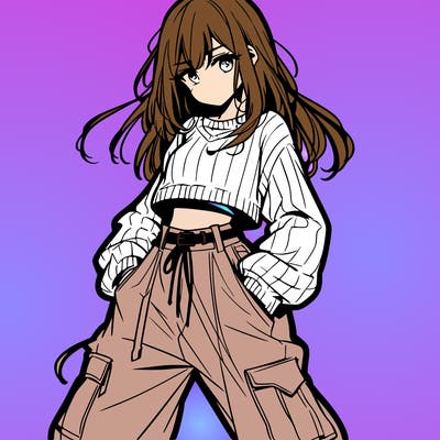 anime teen girl with baggy pants and crop top with sweater