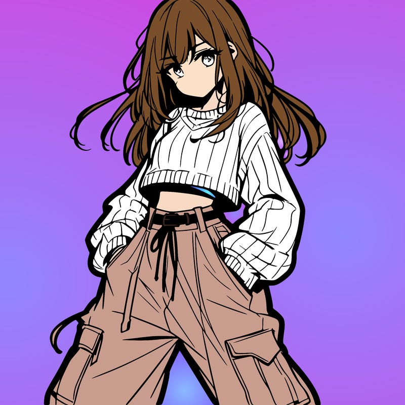 anime teen girl with baggy pants and crop top with sweater