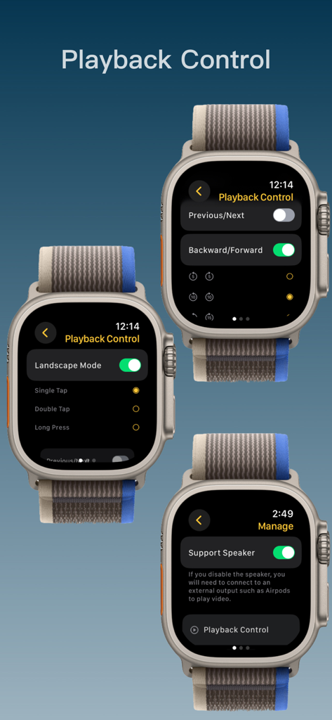 Tre interfacce di Apple Watch che mostrano le impostazioni di controllo della riproduzione multimediale e le opzioni di gestione dell'altoparlante.