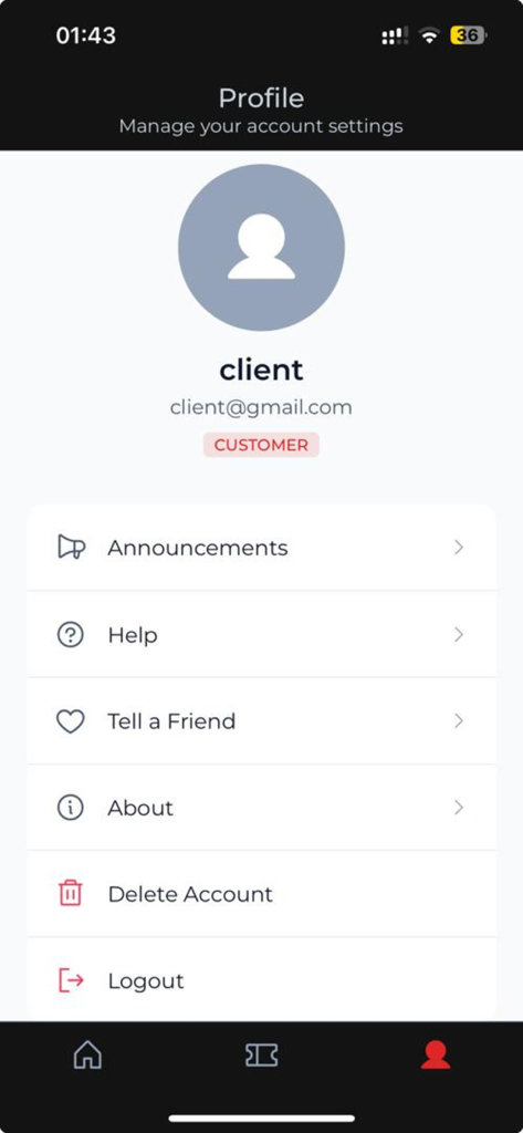 CityBus - Ecrã do perfil da aplicação CityBus exibindo as configurações da conta do utilizador e menu de navegação