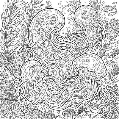 Unleash your creativity with this mesmerizing coloring page featuring three enigmatic gelatinous sea monsters. Explore a vibrant underwater world teeming with intricate corals, flowing kelp, and curious marine life.