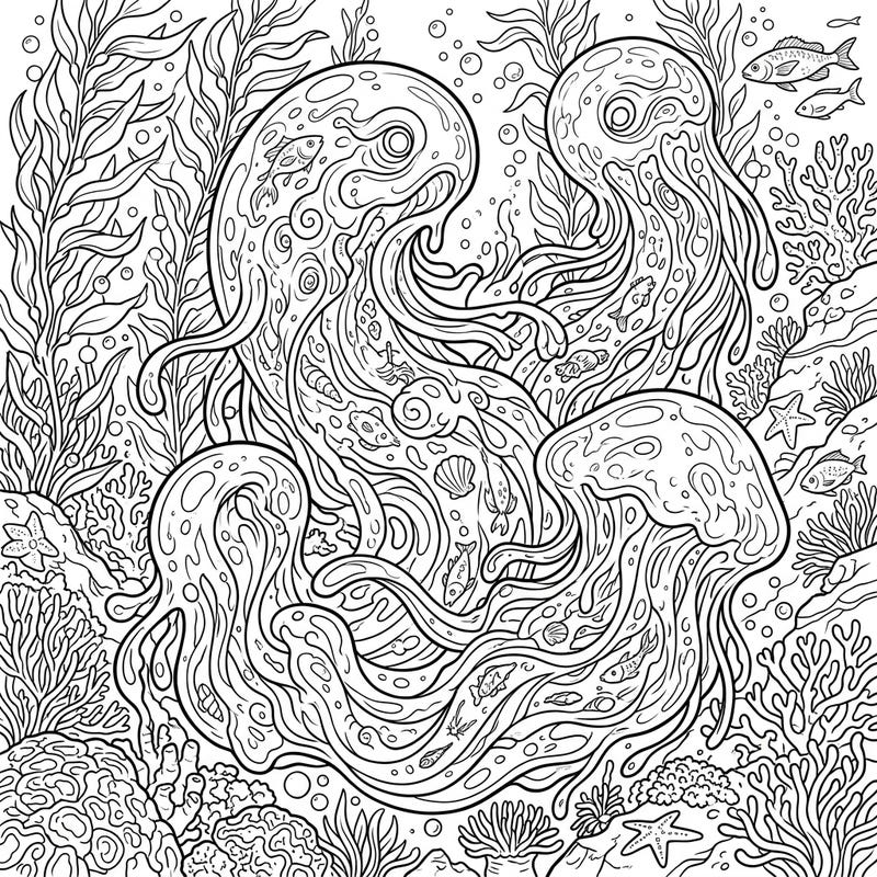 Unleash your creativity with this mesmerizing coloring page featuring three enigmatic gelatinous sea monsters. Explore a vibrant underwater world teeming with intricate corals, flowing kelp, and curious marine life.