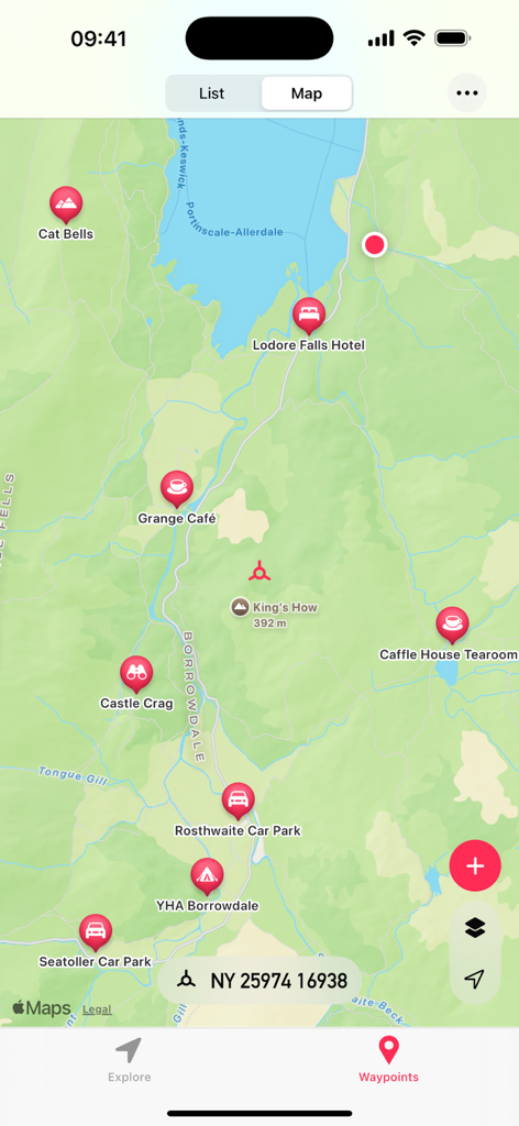 GPS OS Grid Reference - Map view showing hiking waypoints and a 10-figure Ordnance Survey grid reference in the Lake District