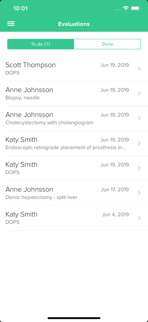 Medbook - The Medbook app interface displaying a list of pending medical procedure evaluations and patient encounters