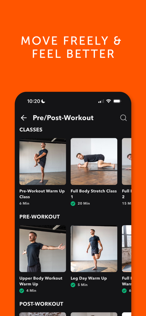 Stretch: Stretching & Mobility - Interface do aplicativo Stretch mostrando rotinas de alongamento pré e pós-treino e aulas de aquecimento.