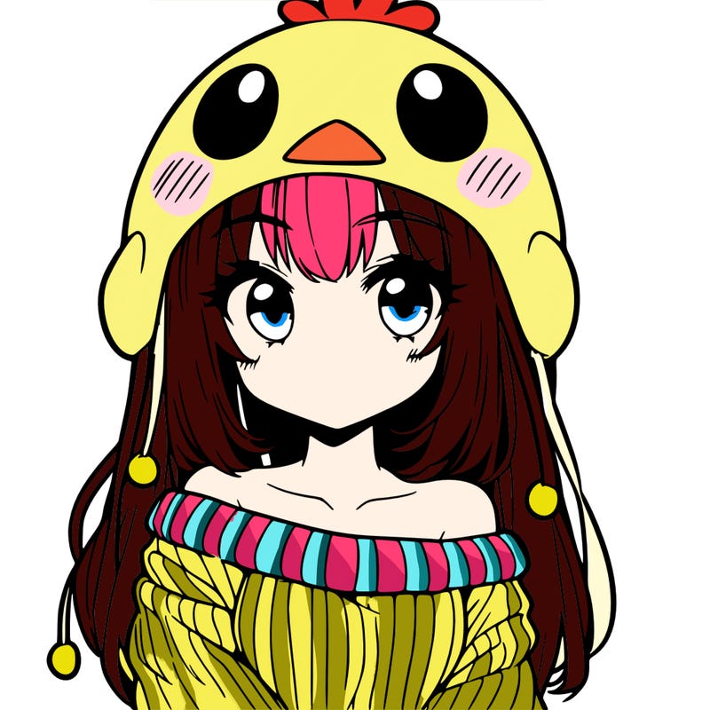 anime girl with chick shaped hat with sweater with bare shoulders with bangs covering them one eye with low tail