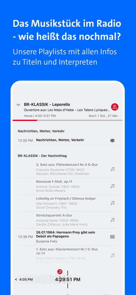 Interface de l'application BR Radio affichant une liste de lecture musicale avec les titres des morceaux et les interprètes