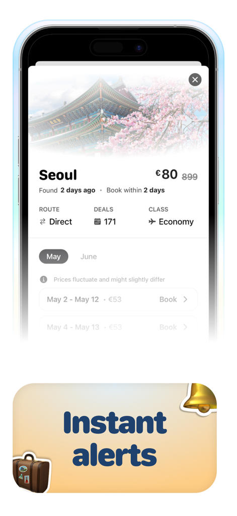Farely - Farely app interface displaying a cheap flight deal to Seoul for eighty euros with an instant alerts notification banner.