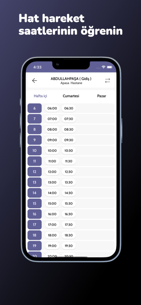 Elazığ Ulaşım - A mobile interface of the Elazığ Ulaşım app displaying a detailed bus departure schedule for the Abdullahpaşa route with weekday and weekend timings.