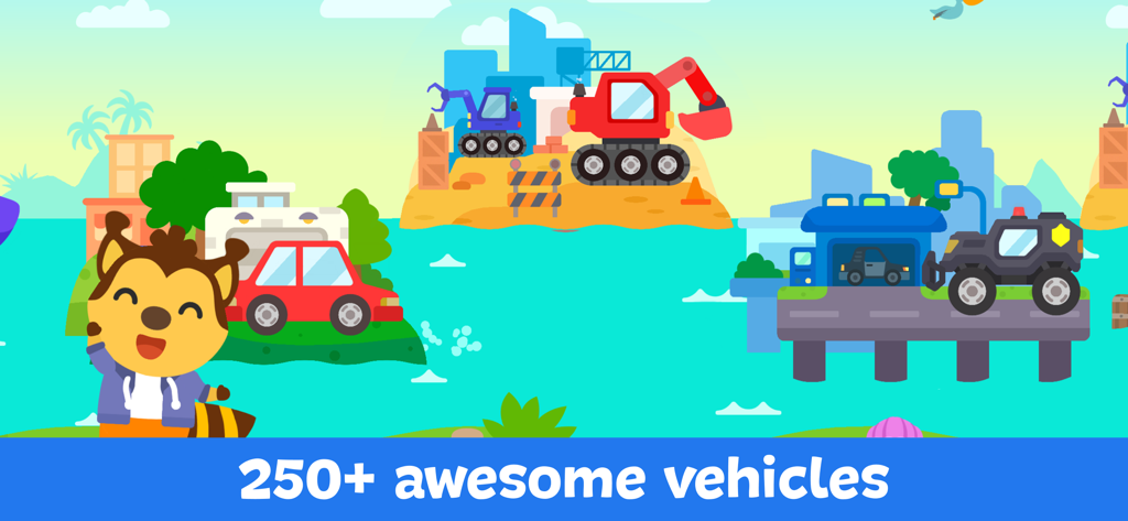 A colorful cartoon landscape featuring various vehicles like cars and excavators with a happy raccoon character from the Car Game for Kids and Toddlers app