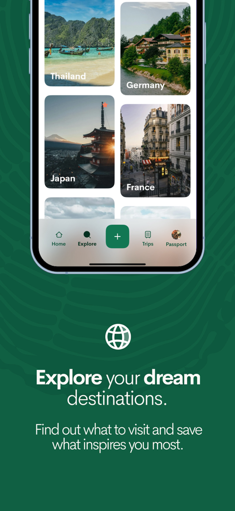 Tela do aplicativo móvel Passporter mostrando um feed visual de exploração com fotos de viagens da Tailândia, Alemanha, Japão e França
