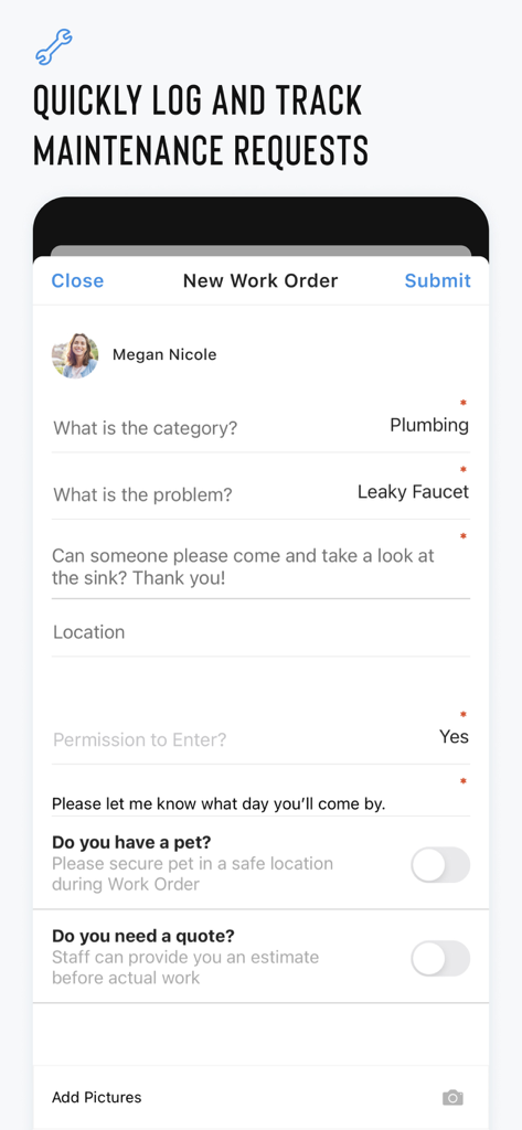 Resident Experience - Une interface d'application mobile pour soumettre une nouvelle demande de travaux de maintenance pour un robinet qui fuit.