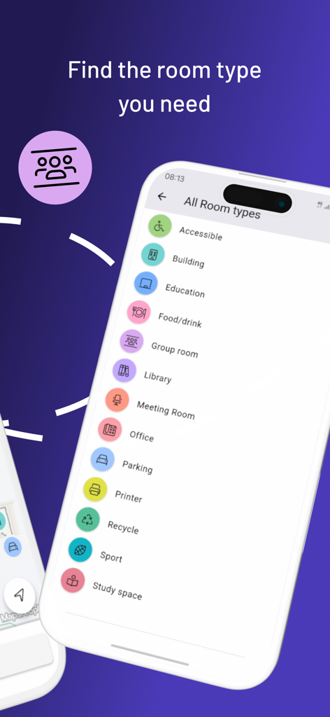 AAU Map - Una schermata mobile che mostra un elenco di categorie di aule del campus nell'app Mappa AAU, inclusi spazio studio e biblioteca