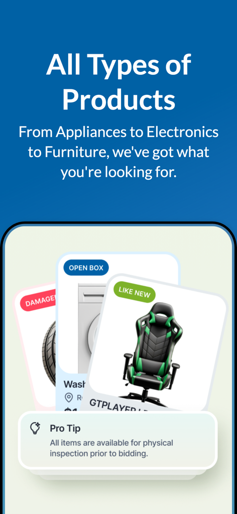 MAC.BID - Écran de l'application MAC.BID présentant des catégories de produits, y compris une chaise de jeu et une machine à laver avec des étiquettes d'état