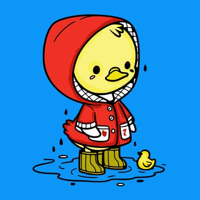 baby duck in a rain coat and boots, in a puddle while it’s raining