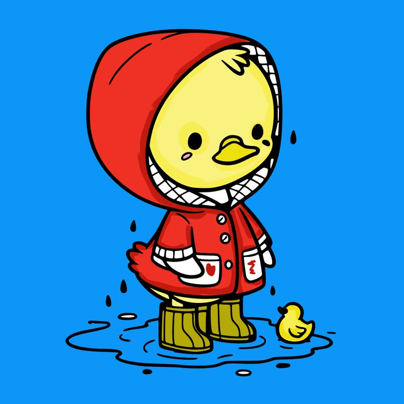 baby duck in a rain coat and boots, in a puddle while it’s raining