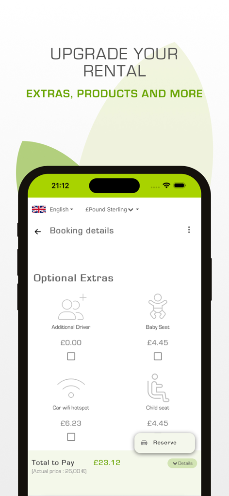 Green Motion Car Rental - Green Motion app screen showing optional rental extras like additional driver baby seats and car wifi hotspots