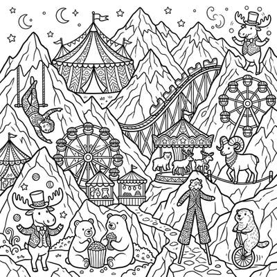 Journey to an extraordinary world where the grandeur of the Rocky Mountains meets the thrilling excitement of a carnival! This intricate coloring page invites you to bring a vibrant spectrum of colors to circus tents, roller coasters, and delightful animal performers.