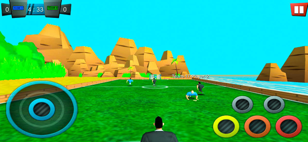 Soccer Stars - Football 2025 - Jugabilidad 3D de Soccer Stars Football 2025 mostrando un partido en un entorno tropical con controles táctiles móviles