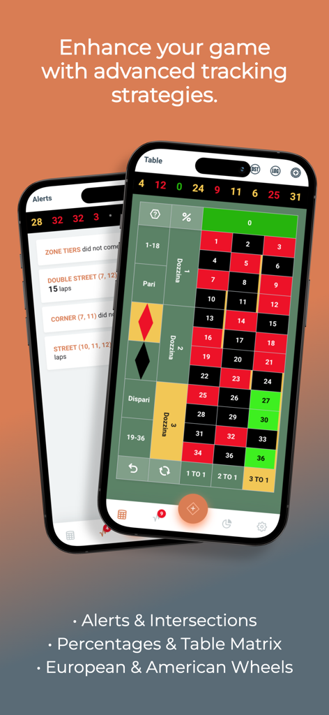 Roulette Kicker PRO - カラーコード化されたルーレットテーブルマトリックスと高度な追跡戦略を備えたルーレットキッカーPROアプリを表示する2台のiPhone
