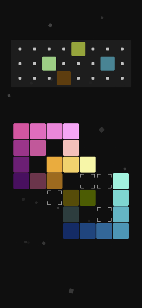 Colorma - A minimalist puzzle game screen showing colorful tile gradients and a selection bar on a dark background