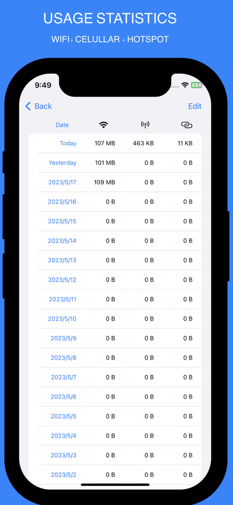 InternetMeter & speed monitor - WiFi、セルラー、ホットスポット接続の過去の消費量を示す日次データ使用統計画面。