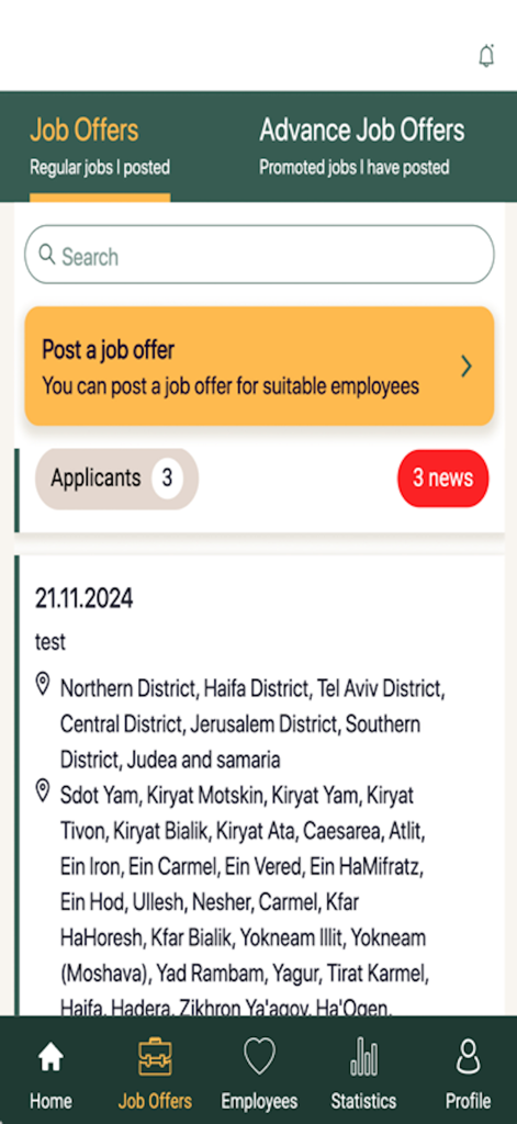 WorkFinder - WorkFinder app dashboard displaying job offers and an option to post new job listings