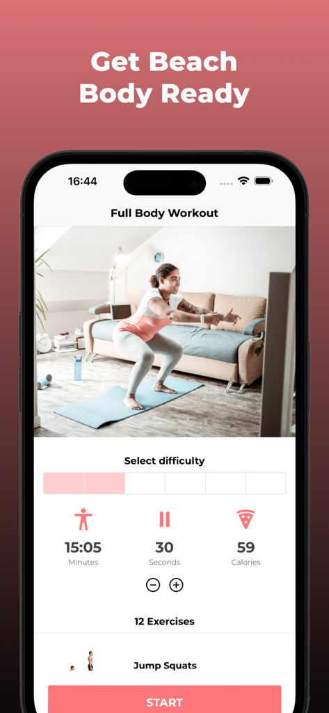 Bikini Body Challenge - Woman performing squats during a full body workout on the Bikini Body Challenge app