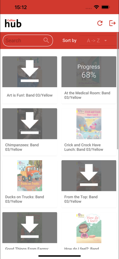The Collins Hub - The Collins Hub app interface displaying a grid of assigned children books with download and reading progress indicators