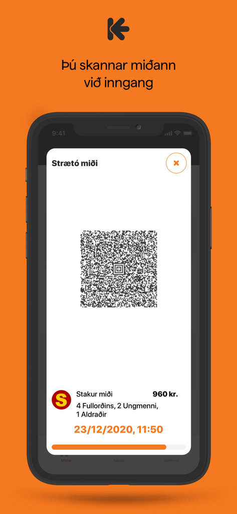 Digital bus ticket with a QR code on the Klappið mobile app interface