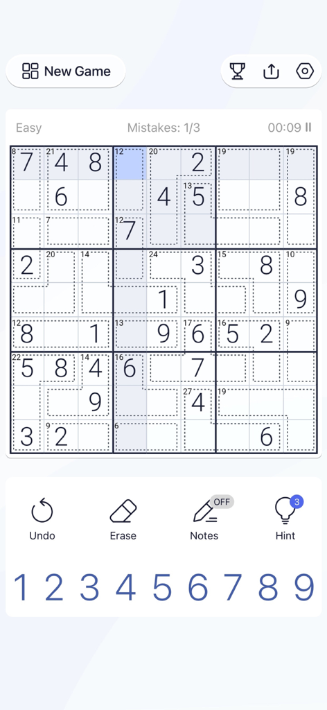 Killer Sudoku - Puzzle Games - Gameplay interface of Killer Sudoku showing a grid with dotted cages and numerical sum challenges.