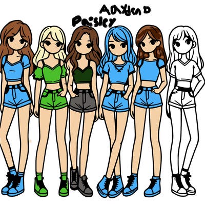a group of girls wearing crop tops and shorts