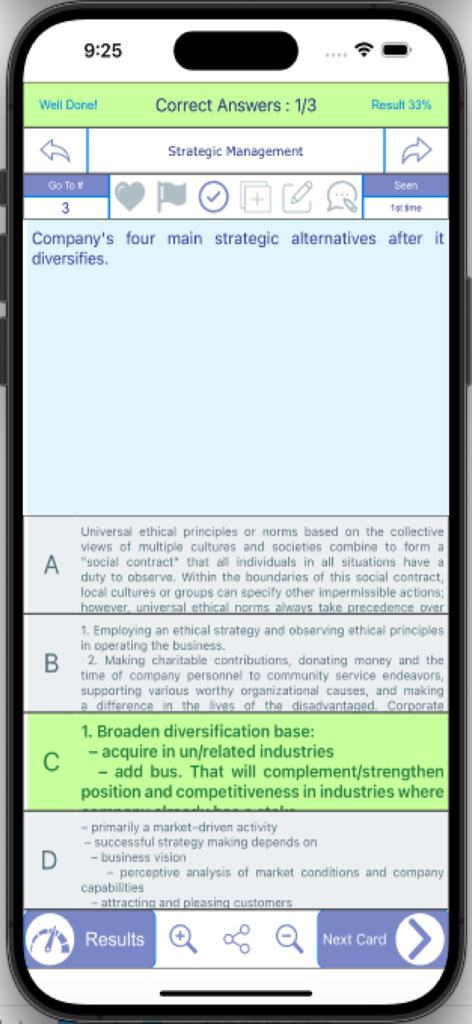 A multiple choice quiz interface in the Business and Leadership MBA app covering strategic management topics with the correct answer highlighted in green.
