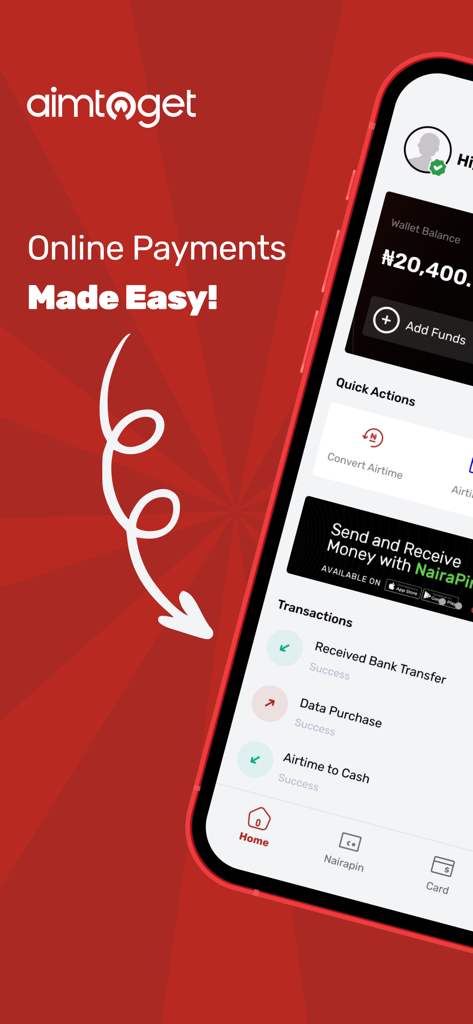 Aimtoget Wallet app interface showing Naira balance and transaction history for online payments