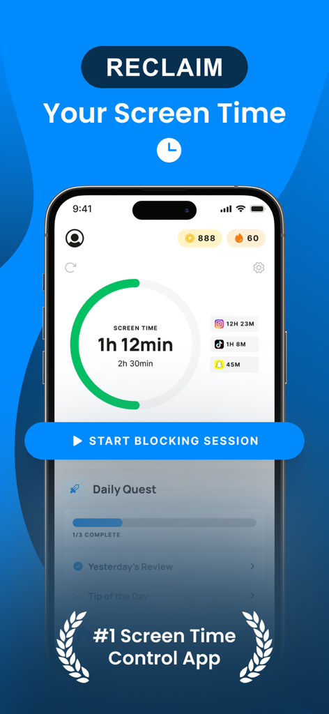 BePresent: Screen Time Control - Interface do aplicativo BePresent exibindo métricas de rastreamento de tempo de tela e um botão para iniciar uma sessão de bloqueio.