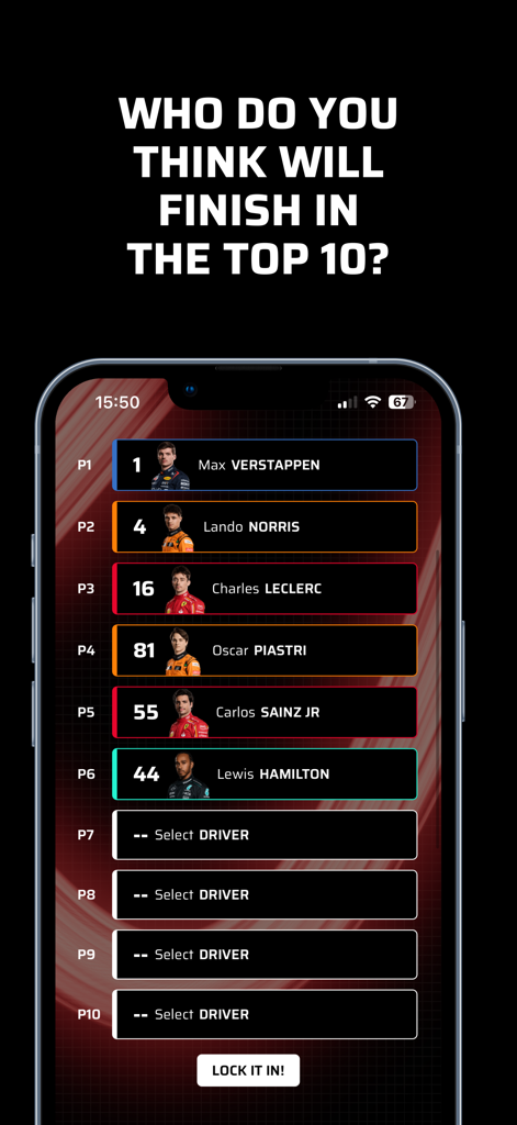 Gridlock: Race Predictions App - Tela de celular do aplicativo Gridlock mostrando as previsões dos 10 melhores pilotos de um usuário para uma corrida de Fórmula 1.