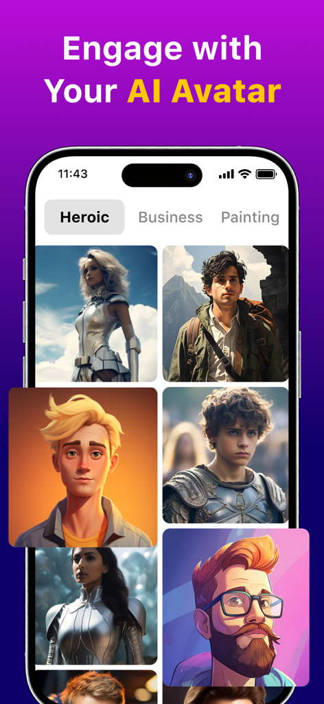 Mobile app interface showing various AI generated avatar portraits and category options like Heroic Business and Painting