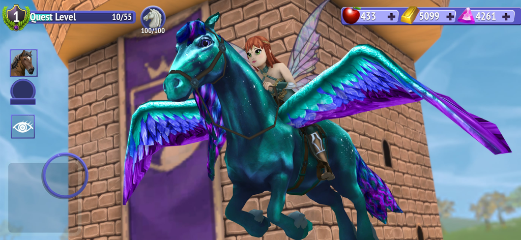 A girl with fairy wings riding a mystical teal and purple Pegasus horse in front of a castle tower