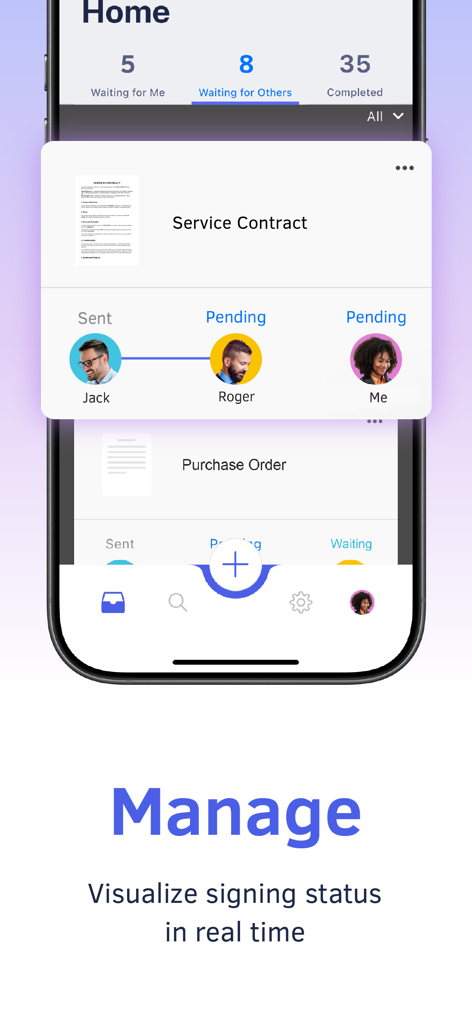DottedSign - eSign & Fill Docs - DottedSignアプリのインターフェース。サービス契約書のリアルタイムドキュメント署名ステータスと視覚的な進捗追跡を表示。