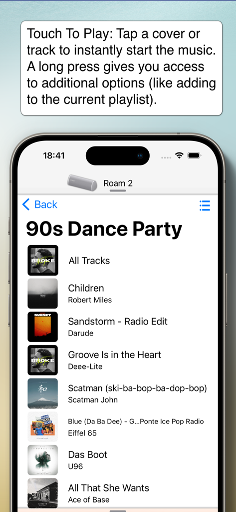 SonoPhone for Sonos - SonoPhone app showing a 90s Dance Party playlist and the Touch To Play feature