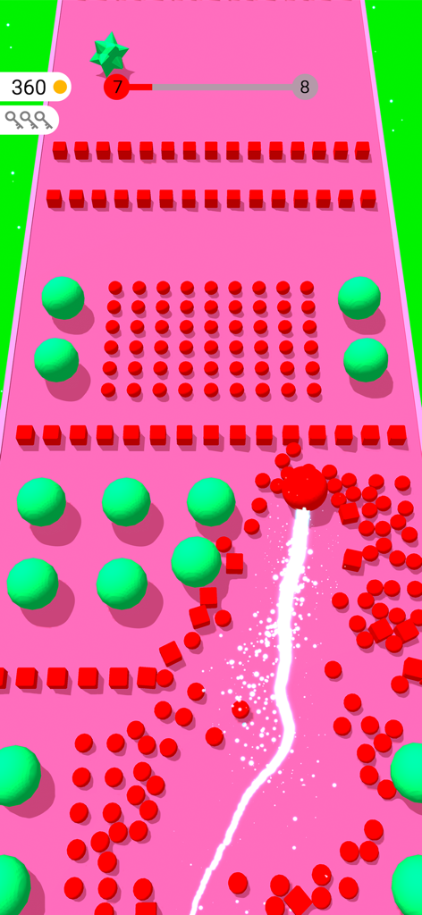 Red ball navigating through 3D red and green obstacles on a pink path in Color Bump 3D