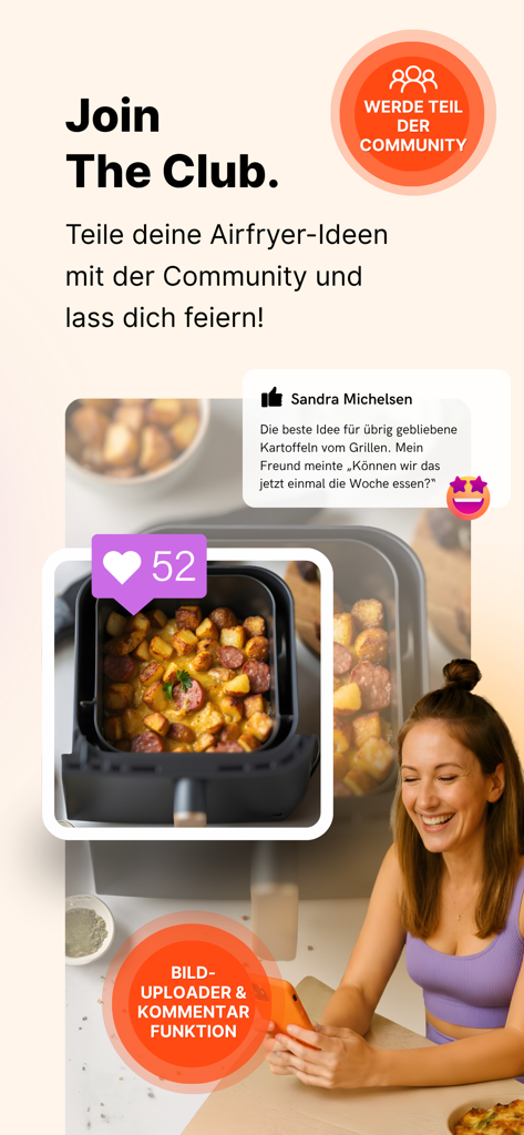 ユーザーがレシピ写真やコメントを共有するコミュニティ機能を備えたエアフライヤークラブアプリのインターフェース
