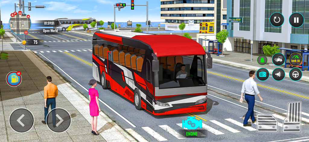 City Bus Simulator Road Trip - Gameplay of City Bus Simulator Road Trip showing a red bus in a 3D city with on screen driving controls