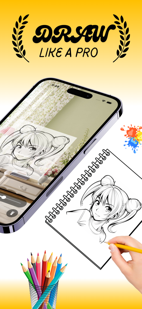 AR Drawing: Sketch & Trace Art - Un utilisateur trace un croquis d'anime sur papier à l'aide de l'application AR Drawing sur un smartphone