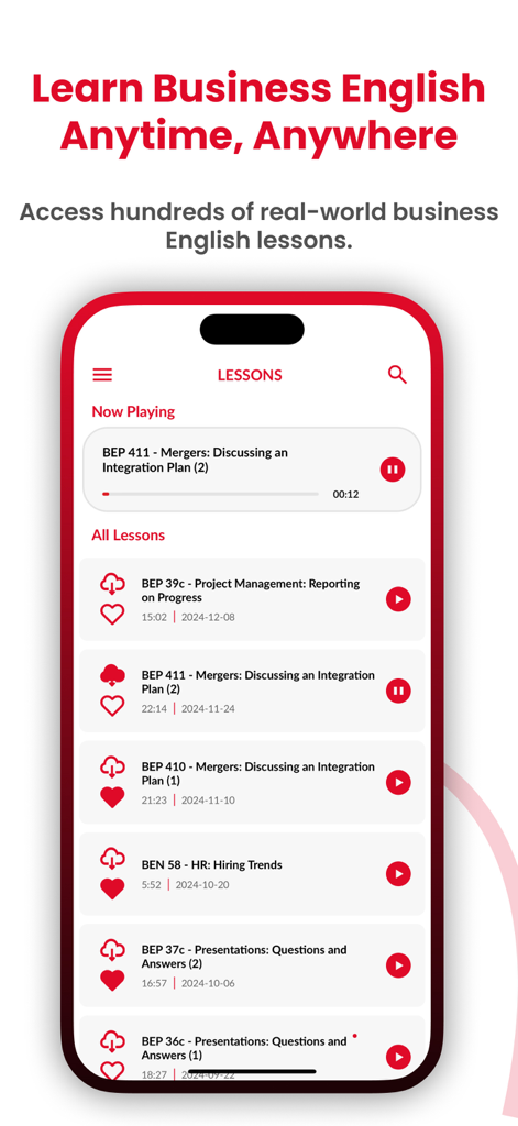 Interfaz de la aplicación Business English by BEP que muestra una lista de lecciones de audio profesionales para la comunicación en el lugar de trabajo.