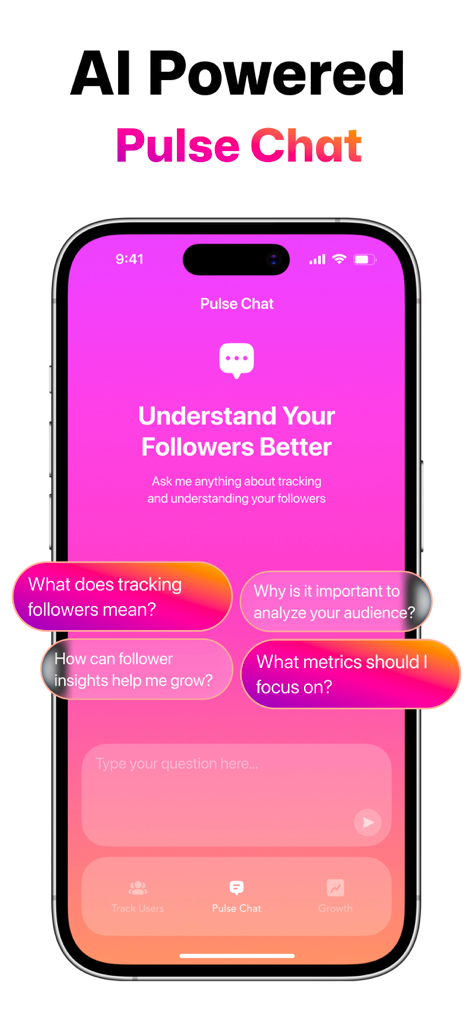 MyFollowers − Unfollow Tracker - Écran de smartphone affichant la fonctionnalité AI Pulse Chat de l'application MyFollowers pour le suivi des informations sur l'audience des réseaux sociaux.